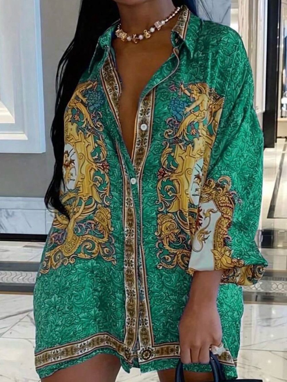 Elegant Green Printed Button-Front Women’s Shirt